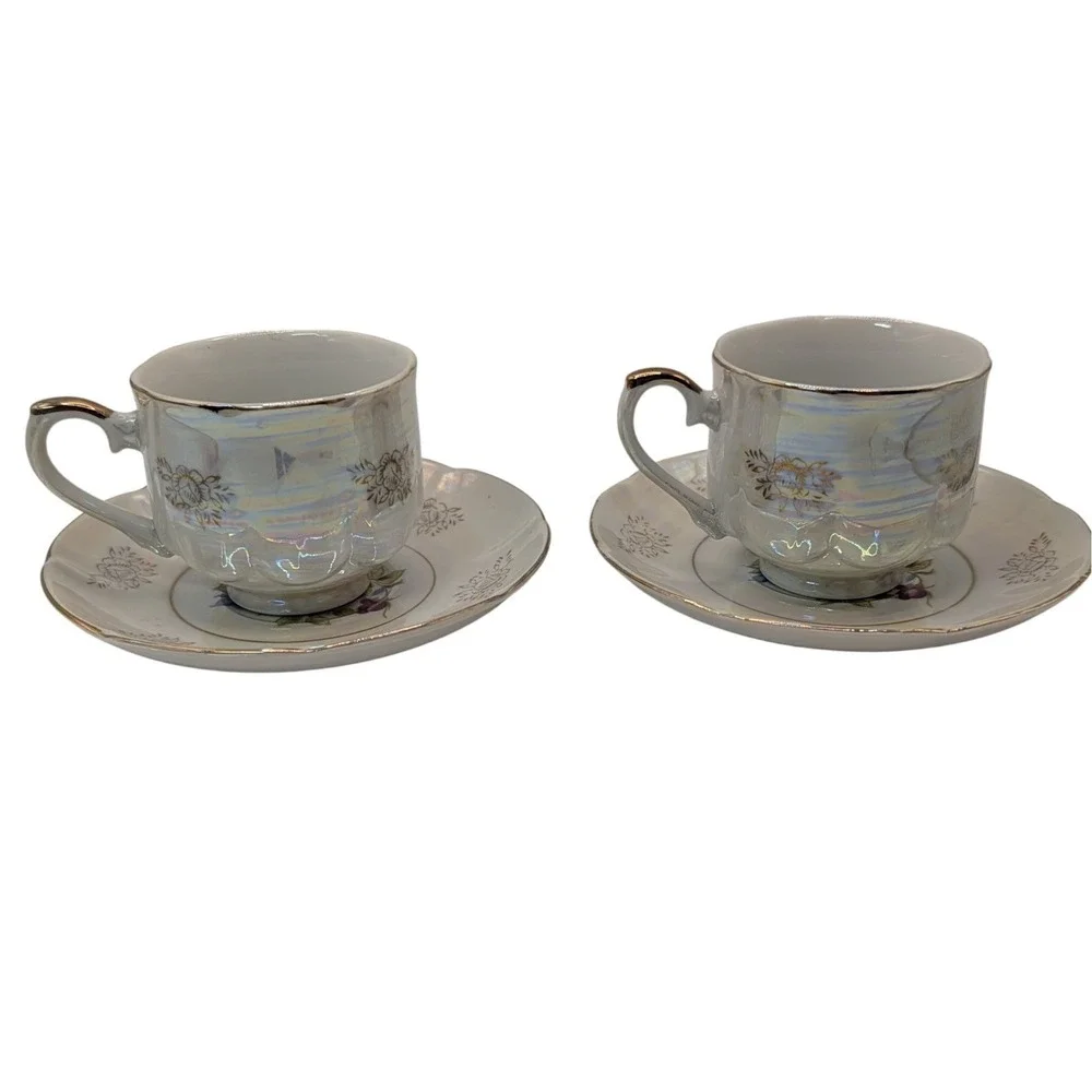 Vintage Seyei Fine China Demitasse Cups and Saucers Iridescent Floral Set of Two